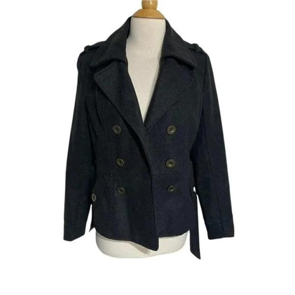 Outer Edge M charcoal gray wool blend belted pea coat - Picture 3 of 11